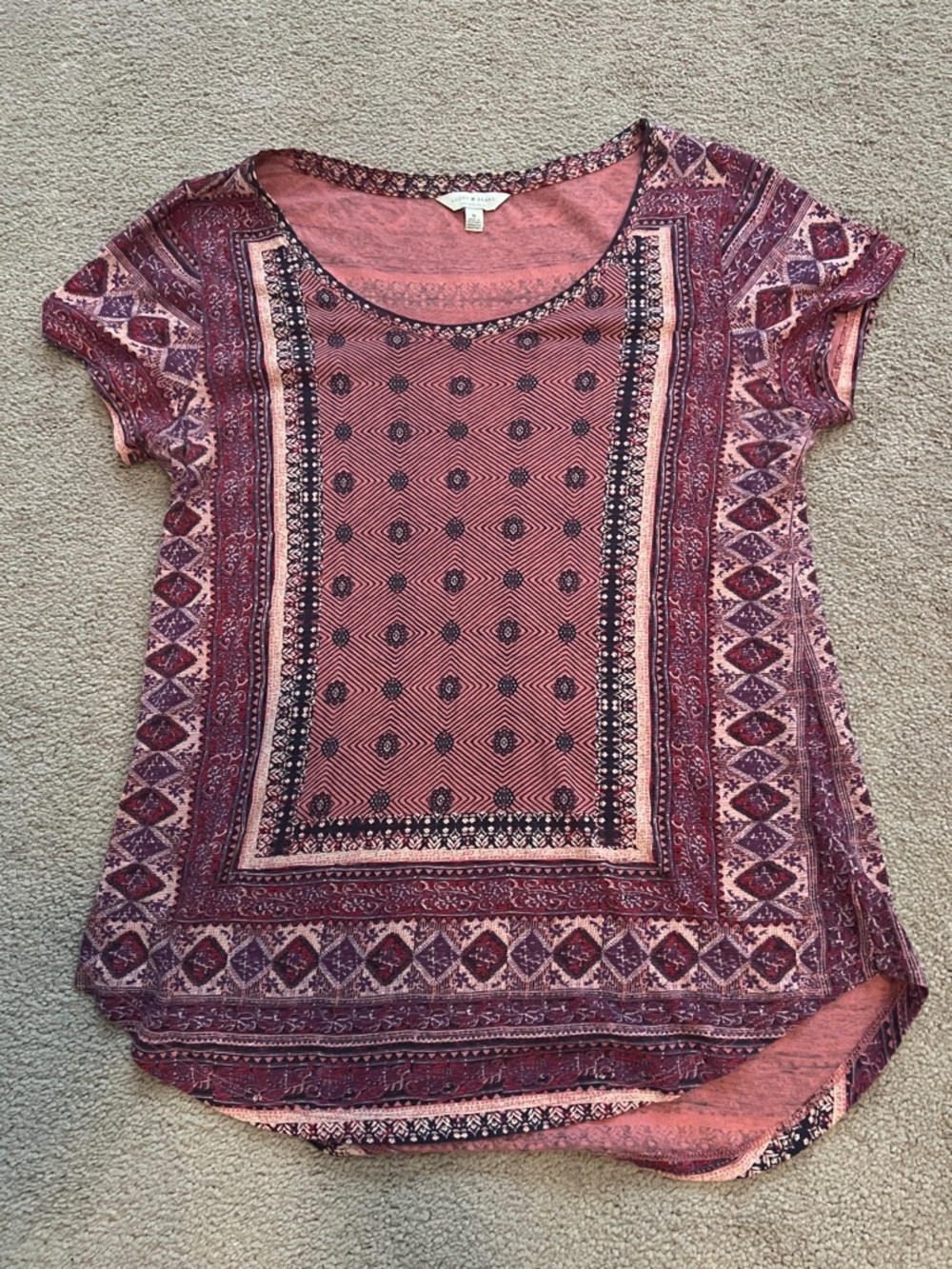 Lucky Brand Bohemian Printed Short Sleeve Top- size Medium, EUC *like new*